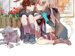  2girls amiya_(arknights) arknights bangs blue_eyes blush brown_hair cat_tail closed_eyes e-fa-dorn eyebrows_visible_through_hair flower highres hood hood_down hooded_jacket hug jacket long_hair multiple_girls rose rosmontis_(arknights) silver_hair tail thigh_strap yuri 