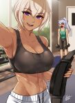  2girls :d abs airisubaka armpits bangs bare_shoulders black_tank_top breasts collarbone commentary crop_top dark-skinned_female dark_skin day dumbbell english_commentary eyebrows_visible_through_hair green_tank_top hair_between_eyes highres indoors large_breasts long_hair midriff multiple_girls muscular muscular_female open_mouth original ponytail purple_eyes purple_hair selfie shaded_face short_hair smile sweat tank_top white_hair window 