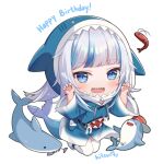  1girl :d animal animal_hood bangs bloop_(gawr_gura) blue_eyes blue_hair blue_hoodie chibi claw_pose commentary drawstring english_commentary eyebrows_visible_through_hair fish_skeleton fish_tail full_body gawr_gura hands_up happy_birthday hitsukuya hololive hololive_english hood hood_up hoodie long_sleeves multicolored_hair open_mouth shark_hood shark_tail sharp_teeth shoes shrimp silver_hair simple_background smile streaked_hair tail teeth thighhighs virtual_youtuber white_background white_footwear white_legwear wide_sleeves 