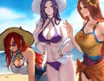  beach bikini breasts brown_eyes brown_hair caitlyn cameltoe cleavage clouds cropped flowers hat league_of_legends leona_(league_of_legends) long_hair pd_(pdpdlv1) purple_eyes purple_hair red_hair sarah_fortune shirt sky sunflower sunglasses swimsuit third-party_edit waifu2x water wristwear 