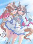  1boy 1girl animal_ears brown_hair carnelian commentary_request genderswap genderswap_(ftm) gloves highres horse_ears horse_girl horse_tail multicolored_hair sign tail tokai_teio_(umamusume) umamusume 