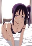  1girl all_fours bangs bare_arms bed bed_sheet bikini blush breasts cleavage collarbone curtains frilled_bikini frills hair_ribbon highres indoors kazuno_sarah love_live! love_live!_sunshine!! medium_breasts on_bed parted_bangs pink_ribbon purple_bikini purple_eyes purple_hair reno_0901 ribbon side_ponytail sidelocks solo strap_slip sunlight swimsuit window 