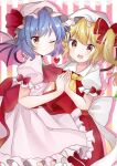  2girls ascot bangs bat_wings blonde_hair blue_hair blush bow brooch closed_mouth commentary_request cravat crystal doko_ka_no_hosono dress eyebrows_visible_through_hair fang feet_out_of_frame flandre_scarlet frilled_shirt_collar frilled_sleeves frills hair_between_eyes hat hat_ribbon heart highres holding_hands jewelry looking_at_viewer medium_hair mob_cap multiple_girls one_eye_closed one_side_up open_mouth pink_background pink_dress pink_headwear puffy_short_sleeves puffy_sleeves red_bow red_eyes red_ribbon red_skirt red_vest remilia_scarlet ribbon shiny shiny_hair shirt short_hair short_sleeves siblings sisters skirt sleeve_bow smile striped striped_background touhou two-tone_background vest white_background white_bow white_headwear white_shirt wings yellow_neckwear 
