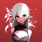  1girl absurdres arknights bare_shoulders beudelb black_shirt blush breasts colored_skin fangs full-face_blush hair_between_eyes highres korean_commentary looking_at_viewer pointy_ears red_background red_eyes shirt simple_background sleeveless sleeveless_shirt small_breasts solo tongue tongue_out upper_body warfarin_(arknights) white_hair white_skin 