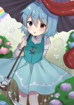  1girl bangs blue_eyes blue_flower blue_hair blue_skirt blue_vest blush bubble closed_mouth commentary_request doko_ka_no_hosono eyebrows_visible_through_hair feet_out_of_frame flower hair_between_eyes heterochromia holding holding_umbrella karakasa_obake long_sleeves looking_at_viewer pink_flower purple_flower rain rainbow red_eyes shirt short_hair skirt solo tatara_kogasa tongue tongue_out touhou umbrella vest water white_shirt 