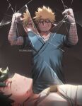  2boys bakugou_katsuki bandage_on_face bandaged_arm bandaged_hands bandaged_leg bandages bangs black_background blonde_hair boku_no_hero_academia broken_glass commentary english_commentary freckles from_side glass gradient gradient_background green_hair grey_background highres hospital_gown looking_at_another male_focus midoriya_izuku multiple_boys spiked_hair trubwlsum twitter_username 