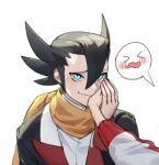  &gt;_&lt; 1boy 1girl bangs black_hair black_jacket blue_eyes blush closed_mouth commentary_request elite_four grimsley_(pokemon) hair_between_eyes hand_on_another&#039;s_cheek hand_on_another&#039;s_face hetero jacket long_sleeves lowres mongguri original pokemon pokemon_(game) pokemon_bw scarf smile spiked_hair upper_body wavy_mouth yellow_scarf 