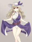  1girl absurdres arms_up bangs bare_shoulders belt blonde_hair breasts brown_belt dress eyebrows_visible_through_hair grey_background hair_between_eyes hands_up hat hat_ribbon highres large_breasts long_hair looking_at_viewer purple_dress purple_ribbon ribbon simple_background sleeveless smile solo standing subaru_(subachoco) swimsuit teeth touhou watatsuki_no_toyohime white_headwear white_swimsuit yellow_eyes 