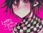  1boy :&lt; bangs bbjj_927 black_hair blush checkered checkered_neckwear checkered_scarf closed_mouth commentary_request danganronpa_(series) danganronpa_v3:_killing_harmony dated happy_birthday highres jacket looking_at_viewer male_focus ouma_kokichi pink_background pink_eyes pink_hair scarf short_hair solo upper_body 