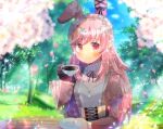  1girl animal_ears bangs black_gloves blurry blurry_background blurry_foreground blush bunny_ears character_request closed_mouth commentary_request cup day depth_of_field eyebrows_visible_through_hair gloves holding holding_cup holding_saucer indie_virtual_youtuber juliet_sleeves kouu_hiyoyo long_hair long_sleeves looking_at_viewer outdoors petals pink_hair puffy_sleeves red_eyes ribbed_sweater saucer single_glove smile solo sweater tree upper_body very_long_hair virtual_youtuber white_sweater 