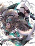  1girl arknights black_shorts blue_footwear blue_gloves boots brown_hair dutch_angle feathers floating gloves highres holding hood kafka_(arknights) long_hair mirui mismatched_legwear open_mouth rubik&#039;s_cube shorts solo thigh_strap white_background yellow_eyes 