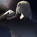  absurdres blonde_hair blood bloody_clothes bloody_knife blue_eyes character_request dead_by_daylight highres holding holding_knife knife long_hair looking_at_viewer male_focus night night_sky okitafuji outdoors sky standing upper_body 