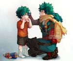  2boys all_might backpack bag bangs black_footwear bodysuit boku_no_hero_academia boots brown_scarf brown_shorts child crying doll dual_persona english_commentary freckles from_side full_body gradient gradient_background green_bodysuit green_eyes green_hair grey_background hand_on_another&#039;s_head hood hood_down male_focus midoriya_izuku multiple_boys orange_bag rin_(rinriemie) scarf shorts smile squatting standing tears torn_clothes younger 