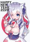  1girl 2020 animal_ear_fluff animal_ears apron between_breasts blue_eyes bow bow_bra bra breasts bubble_tea_challenge cleavage drink drinking_straw drinking_straw_in_mouth english_text eyebrows_visible_through_hair hair_ornament happy_new_year heart heart_hair_ornament highres large_breasts long_sleeves maid meme new_year noripro object_on_breast one_eye_closed ribbon-trimmed_clothes ribbon-trimmed_dress ribbon_trim shirayuki_mishiro solo sosai_salada underwear upper_body virtual_youtuber w white_apron wing_collar 