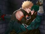  2boys against_wall arms_up bakugou_katsuki bangs bare_shoulders black_gloves black_pants blonde_hair blush bodysuit boku_no_hero_academia boots brick_wall commentary elbow_gloves english_commentary eye_contact fangs freckles gloves green_bodysuit green_eyes green_hair hand_on_another&#039;s_cheek hand_on_another&#039;s_face highres licking_lips long_sleeves looking_at_another male_focus midoriya_izuku multiple_boys open_mouth pants red_eyes restrained rin_(rinriemie) shirt short_hair teeth tongue tongue_out yaoi 