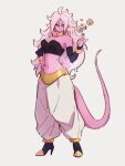  1girl android_21 blue_eyes bracelet breasts cake choker cleavage colored_skin dragon_ball dragon_ball_fighterz earrings food full_body hand_on_hip hoop_earrings jewelry kemachiku long_hair looking_at_viewer majin_android_21 medium_breasts midriff navel pink_skin short_hair smile solo standing tail white_hair yellow_choker 