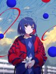  1girl absurdres blue_hair braid building cloud colored_inner_hair earrings eyebrows_visible_through_hair flower graffy_boring hand_in_pocket highres holding holding_flower hood hooded_jacket jacket jewelry kamitsubaki_studio lily_(flower) looking_at_viewer multicolored multicolored_eyes multicolored_hair open_clothes open_jacket outdoors parted_lips red_hair red_jacket rim_(kamitsubaki_studio) short_hair side_braid sky solo sphere two-tone_hair virtual_youtuber yellow_pupils 