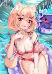  1girl :p animal animal_ears artist_name bare_shoulders barefoot bikini blonde_hair blush breasts cat_ears cat_girl cat_tail cleavage closed_eyes collarbone commentary cyclops english_commentary food frilled_bikini frills highres holding holding_food indie_virtual_youtuber inflatable_armbands innertube looking_at_viewer medium_breasts navel octopus one-eyed polka_dot polka_dot_bikini popsicle red_bikini shyrei_faolan sitting smile soles solo squchan swimsuit tail tongue tongue_out virtual_youtuber wariza water water_drop watermark web_address 