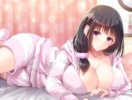  1girl bangs black_hair blush breasts cleavage closed_mouth collarbone front_ponytail hair_ornament hair_scrunchie jacket large_breasts long_hair long_sleeves looking_at_viewer on_bed original pink_eyes scrunchie shorts smile solo youshuu 