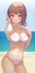  1girl absurdres adjusting_hair bangs bare_arms bare_shoulders beach bikini breasts brown_eyes brown_hair cleavage collarbone commentary_request contrapposto cowboy_shot danganronpa_(series) danganronpa_2:_goodbye_despair danganronpa_s:_ultimate_summer_camp day eyebrows_visible_through_hair foreshortening front-tie_bikini front-tie_top hair_ornament hair_tucking hairclip halter_top halterneck hand_in_hair hands_up highres holding_strap huge_filesize jewelry large_breasts looking_at_viewer medium_hair mole mole_on_breast nanami_chiaki navel necklace ocean official_alternate_costume outdoors parted_lips revision skindentation solo spaceship_hair_ornament stomach swimsuit teeth tokkyu water white_bikini 