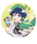  1boy androgynous bangs beret black_hair blue_eyes blue_hair bow braid brooch cape character_name collared_cape collared_shirt corset desert english_text eyebrows_visible_through_hair floral_background flower food frilled_sleeves frills gem genshin_impact gradient_hair green_eyes green_headwear hat hat_flower holding holding_food holding_spoon honlo ice_cream ice_cream_cone jewelry leaf long_sleeves looking_at_viewer male_focus multicolored_hair open_mouth shirt short_hair_with_long_locks simple_background smile solo spoon translation_request twin_braids utensil venti_(genshin_impact) white_background white_flower white_shirt 