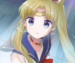  1girl bangs bishoujo_senshi_sailor_moon blonde_hair blue_eyes blue_sailor_collar bow breasts choker cleavage commentary_request crescent crescent_earrings doko_ka_no_hosono earrings heart heart_choker jewelry long_hair looking_at_viewer parted_bangs red_bow red_choker sailor_collar sailor_moon sailor_moon_redraw_challenge sailor_senshi_uniform solo tsukino_usagi twintails upper_body 