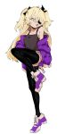  1girl :d alternate_costume black_legwear black_tank_top blonde_hair contemporary ddari eyepatch fischl_(genshin_impact) genshin_impact green_eyes hair_over_one_eye jacket korean_commentary off_shoulder one_eye_covered open_mouth purple_jacket smile solo standing standing_on_one_leg tank_top thighhighs two_side_up white_background 