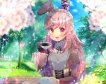  1girl :d animal_ears bangs black_gloves blurry blurry_background blurry_foreground blush bunny_ears character_request cup day depth_of_field eyebrows_visible_through_hair gloves holding holding_cup holding_saucer indie_virtual_youtuber juliet_sleeves kouu_hiyoyo long_hair long_sleeves looking_at_viewer open_mouth outdoors petals pink_hair puffy_sleeves red_eyes ribbed_sweater saucer single_glove smile solo sweater tree upper_body upper_teeth very_long_hair virtual_youtuber white_sweater 