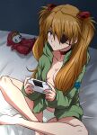  1girl absurdres bangs bed blue_eyes blush breasts brown_hair cleavage doll evangelion:_3.0+1.0_thrice_upon_a_time expressionless eyepatch hair_ornament hairclip handheld_game_console highres jacket legs long_hair looking_at_viewer masamurai neon_genesis_evangelion no_bra open_clothes open_jacket panties puppet rebuild_of_evangelion sitting solo souryuu_asuka_langley underwear 