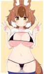  1girl berusa_(berutoo) bikini blush breasts brown_hair closed_mouth dhole_(kemono_friends) double_v extra_ears groin highres kemono_friends kemono_friends_3 looking_at_viewer meerkat_ears meerkat_tail micro_bikini multicolored_hair navel outline short_hair smile solo stomach swimsuit v white_hair yellow_eyes 