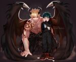 2boys bakugou_katsuki bangs black_horns black_nails black_pants black_sclera blonde_hair boku_no_hero_academia chain collarbone colored_sclera crying demon_boy demon_horns demon_wings earrings english_commentary fingernails full_body gradient gradient_background green_hair grey_background hand_up holding horns jewelry long_sleeves looking_at_viewer male_focus midoriya_izuku multiple_boys pants pointy_ears red_eyes red_footwear rin_(rinriemie) sharp_fingernails shiny shiny_hair shoes shoulder_tattoo spiked_hair tattoo tears torn_clothes torn_wings wings 