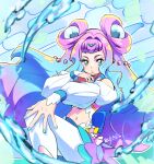  1girl blue_background blue_hair blue_nails cure_la_mer double_bun fingernails green_eyes hair_intakes hair_ornament heart heart_in_eye highres laura_(precure) layered_skirt long_hair looking_at_viewer magical_girl midriff multicolored multicolored_eyes multicolored_hair navel nukosann pantyhose parted_lips precure purple_eyes purple_hair serious signature skirt solo symbol_in_eye tropical-rouge!_precure two-tone_hair water white_legwear white_sleeves 