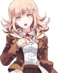  1girl :d bangs breasts brown_eyes brown_hair brown_jacket brown_skirt collared_shirt danganronpa_(series) danganronpa_3_(anime) dress_shirt flipped_hair grey_background hair_ornament hand_on_own_chest hand_up hope&#039;s_peak_academy_school_uniform houkai_gakuen_2 jacket large_breasts looking_at_viewer medium_hair nanami_chiaki official_art open_clothes open_jacket open_mouth pleated_skirt red_ribbon ribbon school_uniform shirt shirt_tucked_in skirt smile solo spaceship_hair_ornament transparent_background upper_teeth white_shirt 
