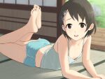  1girl ass barefoot black_eyes black_hair blue_camisole blue_shorts breasts camisole downblouse feet hair_ornament hairclip idolmaster idolmaster_cinderella_girls indoors legs legs_up lying midriff on_stomach open_mouth sasaki_chie shin_(shincrz) short_hair short_shorts shorts small_breasts smile soles solo thighs toes 