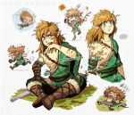  1boy angry bettykwong blonde_hair blood blue_eyes boots earrings jewelry leaf link long_hair looking_at_viewer messy_hair pointy_ears rope_belt scratches shouting sleeping the_legend_of_zelda the_legend_of_zelda:_breath_of_the_wild the_legend_of_zelda:_breath_of_the_wild_2 torn_clothes twig zzz 
