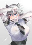  1girl absurdres animal_ears arms_up biting biting_own_hand blue_eyes breasts commentary_request elbow_gloves extra_ears eyes_visible_through_hair furrowed_brow gloves grey_hair hair_between_eyes highres kemono_friends large_breasts looking_at_viewer medium_hair multicolored_hair necktie outstretched_hand plaid plaid_necktie plaid_sleeves plaid_trim pose saitobaburu shirt short_sleeves sidelocks solo spread_fingers tiger_ears two-tone_hair upper_body white_tiger_(kemono_friends) 