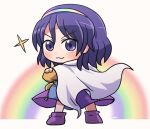  1girl :d bangs blurry cape closed_mouth cowboy_shot crossed_arms dress eyebrows_visible_through_hair full_body looking_at_viewer looking_back multicolored multicolored_clothes multicolored_dress multicolored_hairband open_mouth purple_eyes purple_footwear purple_hair rainbow rokugou_daisuke short_hair signature smile standing star_(symbol) tenkyuu_chimata touhou v-shaped_eyebrows white_background white_cape 