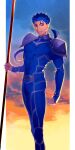  1boy armor beads blue_bodysuit blue_hair bodysuit cloud cu_chulainn_(fate)_(all) cu_chulainn_(fate/stay_night) earrings fate/stay_night fate_(series) floating_hair gae_bolg_(fate) grin hair_beads hair_ornament highres jewelry long_hair male_focus muscular muscular_male pauldrons ponytail red_eyes shoulder_armor skin_tight sky smile solo spiked_hair sunset uni_(nico02) 