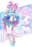  1girl :d blue_eyes blue_hair blue_nails crop_top cure_la_mer detached_collar detached_sleeves double_bun eyelashes fingernails full_body hair_intakes hair_ornament hand_on_hip heart heart_in_eye highres laura_(precure) layered_skirt legs_together long_hair looking_at_viewer magical_girl midriff multicolored multicolored_eyes multicolored_hair navel open_mouth pantyhose precure purple_eyes purple_hair purple_nails skirt smile solo standing symbol_in_eye thigh_gap thumbs_up toeless_legwear toenails tropical-rouge!_precure two-tone_hair usoco white_legwear white_sleeves zoom_layer 
