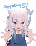  1girl absurdres animal_ears artist_name bag blue_dress blue_eyes blue_hair cat_ears character_name daiishori dress fish_tail gawr_gura hair_cubes hair_ornament happy_birthday highres hololive hololive_english incoming_hug kemonomimi_mode looking_at_viewer multicolored_hair open_mouth shark_tail sharp_teeth shirt shoulder_bag solo streaked_hair suspenders tail teeth white_background white_hair white_shirt 