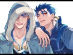  2boys arm_on_shoulder armor blue_bodysuit blue_hair bodysuit collarbone cu_chulainn_(caster)_(fate) cu_chulainn_(fate)_(all) cu_chulainn_(fate/stay_night) earrings fate/grand_order fate/stay_night fate_(series) fingernails fur_trim hair_strand hood jewelry letterboxed long_hair looking_at_viewer makina_(nikki_m7_) male_focus multiple_boys ponytail red_eyes shoulder_armor simple_background smile white_background 