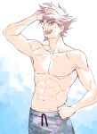  1boy abs bangs collarbone commentary_request cowboy_shot danganronpa_(series) danganronpa_s:_ultimate_summer_camp danganronpa_v3:_killing_harmony eyebrows_visible_through_hair facial_hair goatee gradient gradient_background hand_in_hair hand_on_hip highres looking_at_viewer male_focus male_swimwear momota_kaito mu_(mu43960168) multicolored_hair muscular muscular_male navel nipples open_mouth pink_hair short_hair simple_background solo upper_teeth 