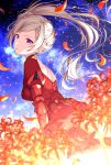  1girl blurry blurry_foreground breasts brown_hair commentary_request depth_of_field dress edelgard_von_hresvelg fire_emblem fire_emblem:_three_houses flower from_side highres juliet_sleeves long_hair long_sleeves looking_at_viewer looking_to_the_side medium_breasts night night_sky outdoors parted_lips petals puffy_sleeves purple_eyes red_dress red_flower sakura_tsubame side_ponytail sky solo spider_lily star_(sky) starry_sky very_long_hair 