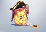  ascot bangs bicorne black_headwear brooch detective_pikachu detective_pikachu_(movie) gen_1_pokemon gradient gradient_background hair_ribbon hat highres hololive houshou_marine jewelry long_hair mouse_(computer) mousepad_(medium) no_humans parody pikachu pirate_hat pokemon red_hair red_neckwear red_ribbon ribbon silly_(marinkomoe) solo spill twintails virtual_youtuber wrinkled_frown_(detective_pikachu) 