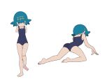  1girl :&lt; all_fours bare_arms bare_legs barefoot black_swimsuit blue_eyes blue_hair bright_pupils closed_mouth commentary_request crawling freckles frown hairband highres knees lana_(pokemon) looking_down multiple_views one-piece_swimsuit pokemon pokemon_(game) pokemon_sm simple_background squid_neetommy standing swimsuit toes trial_captain wedgie white_background white_pupils yellow_hairband 