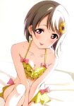  1girl :p arms_between_legs bangs bare_arms bare_shoulders bed bed_sheet bikini bikini_skirt blush bow bow_bikini breast_squeeze breasts cleavage collarbone eyebrows_visible_through_hair flower grey_hair hair_flower hair_ornament halterneck highres love_live! love_live!_nijigasaki_high_school_idol_club nakasu_kasumi on_bed pink_bow purple_eyes reno_0901 short_hair sitting sitting_on_bed skirt small_breasts smile solo sunflower swimsuit tongue tongue_out yellow_bikini yellow_skirt 