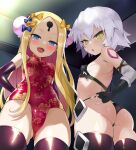  2girls abigail_williams_(fate) ass bandaged_arm bandages bangs bare_shoulders black_bow black_gloves black_legwear black_panties blonde_hair blue_eyes blush bow breasts bun_cover covered_nipples double_bun elbow_gloves fate/apocrypha fate/grand_order fate_(series) fingerless_gloves floral_print forehead gloves green_eyes hair_between_eyes highres jack_the_ripper_(fate/apocrypha) keyhole leotard long_hair looking_at_viewer looking_back multiple_bows multiple_girls open_mouth orange_bow panties parted_bangs polka_dot polka_dot_bow red_leotard scar scar_across_eye scar_on_cheek scar_on_face shimejinameko short_hair shoulder_tattoo sidelocks small_breasts smile tattoo thighhighs thighs underwear white_hair 