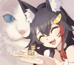  1girl animal_ears animal_on_hand black_hair cat closed_eyes hair_ornament hairclip heart highres hololive kitten long_hair ookami_mio taiga_(ookami_mio) tugo wolf_ears 