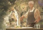  2boys apron archer_(fate) basket belt blue_hair bracelet capelet collarbone collared_shirt cooking cu_chulainn_(caster)_(fate) cu_chulainn_(fate)_(all) cup dark-skinned_male dark_skin earrings fate/grand_order fate/stay_night fate_(series) fire flower food frying_pan fur-trimmed_hood fur_trim herb holding holding_basket hood hood_down hooded_capelet indoors jewelry lamp long_hair looking_at_another male_focus multiple_boys noodles open_mouth plate red_eyes ro_(pixiv34009774) shirt short_hair silver_eyes silver_hair skin_tight sleeves_rolled_up smile spiked_hair staff tongs tree vambraces wooden_staff 