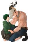  2boys absurdres antlers bakugou_katsuki bangs barefoot belt blue_pants boku_no_hero_academia brown_belt claws collared_shirt commentary english_commentary freckles from_side green_hair green_hoodie highres hood hoodie jewelry looking_at_another looking_down male_focus midoriya_izuku multiple_boys muscular muscular_male necklace pants paws rin_(rinriemie) shirt shirtless short_hair skull white_shirt yaoi 